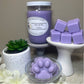 Light Purple Lily of the Valley Soy Glass Jar candle, with cube and paw print wax melts on small white pedestals, with a small plant for decor. 
