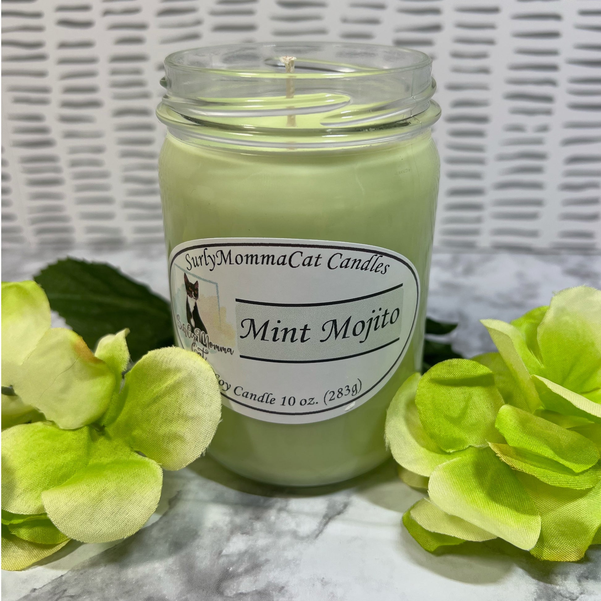 Light green soy Mint Mojito candle with two small plants for decor.