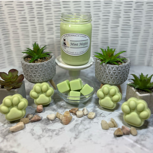Light green soy Mint Mojito candle with cube and pawprint wax melts, with small plants for decor.