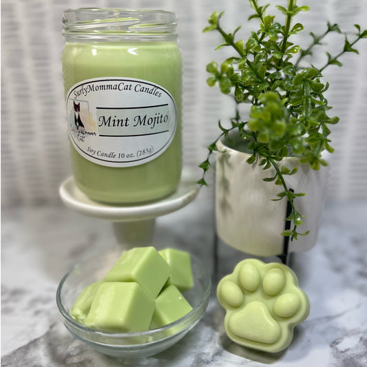 Light green soy Mint Mojito candle with cube wax melts in a glass bowl and pawprint wax melts, with a small plant for decor.